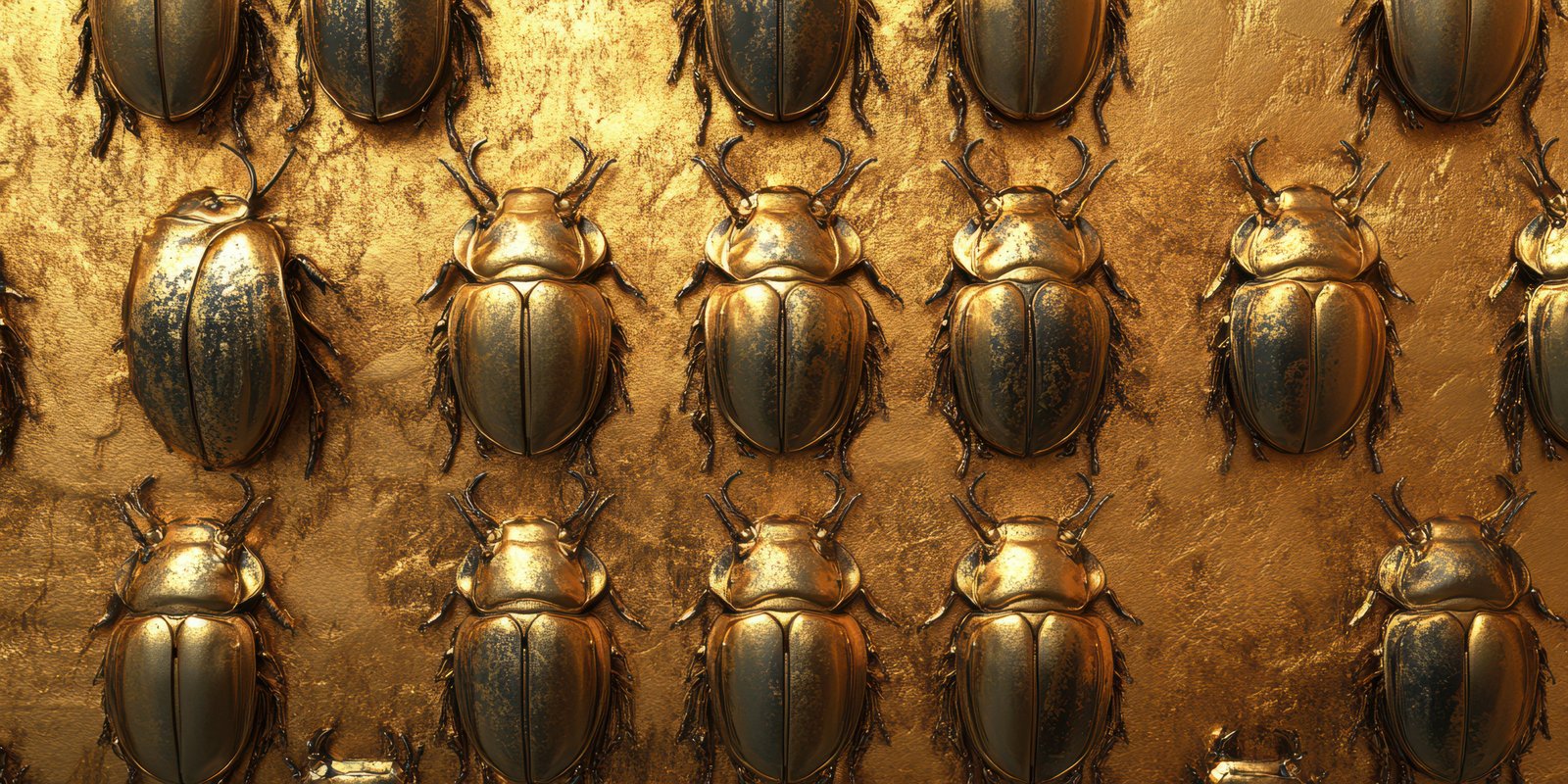 Intricate pattern of golden beetles arranged on a textured surface in a museum display